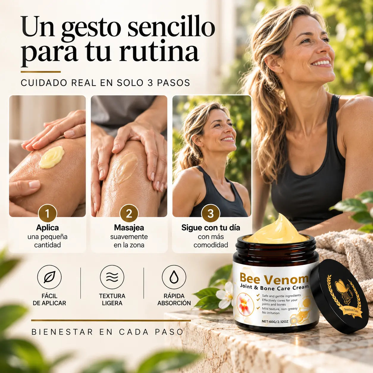 Tres pasos: aplica una pequeña cantidad, masajea suavemente y sigue con tu día