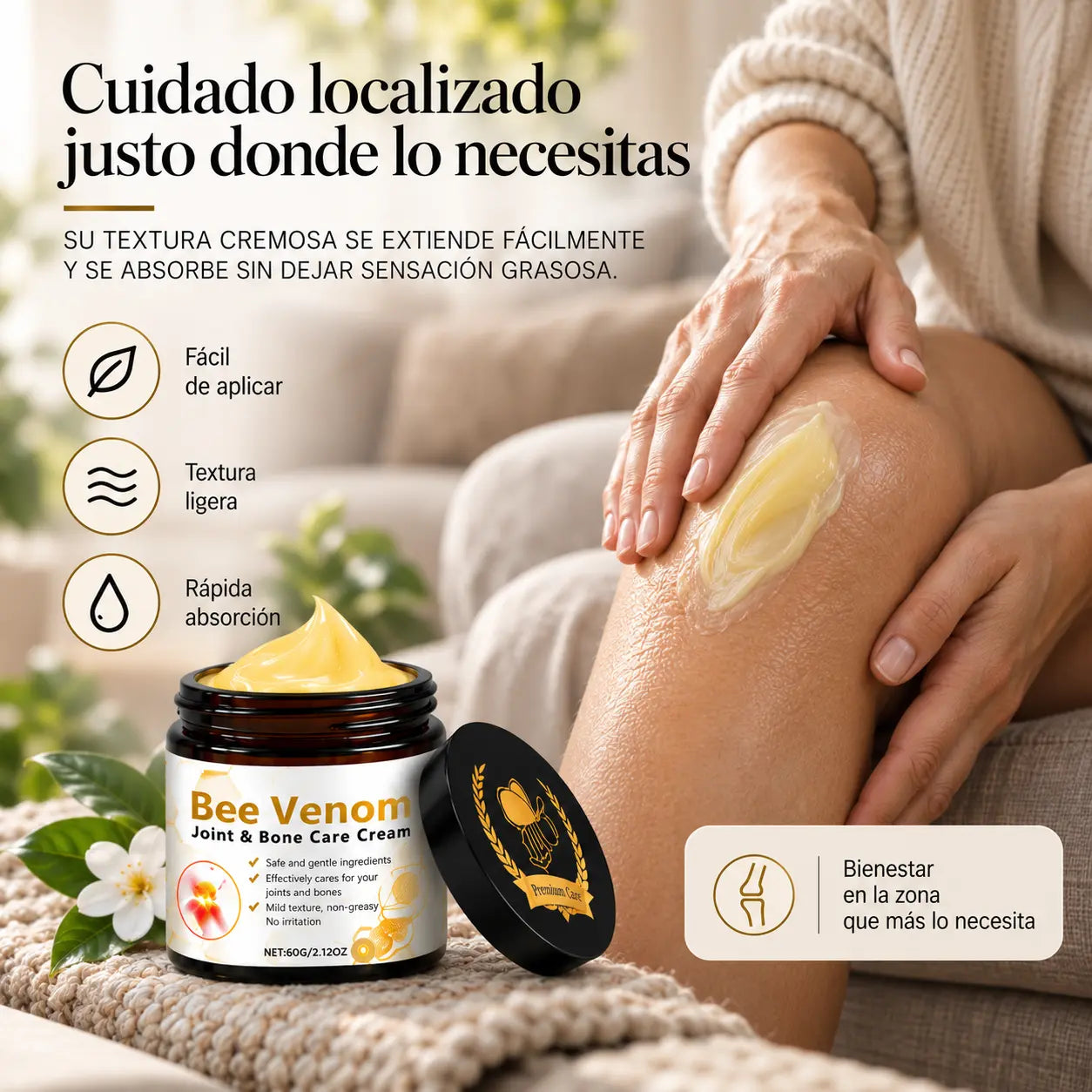 Cuidado localizado justo donde lo necesitas: aplicación de la crema sobre la rodilla