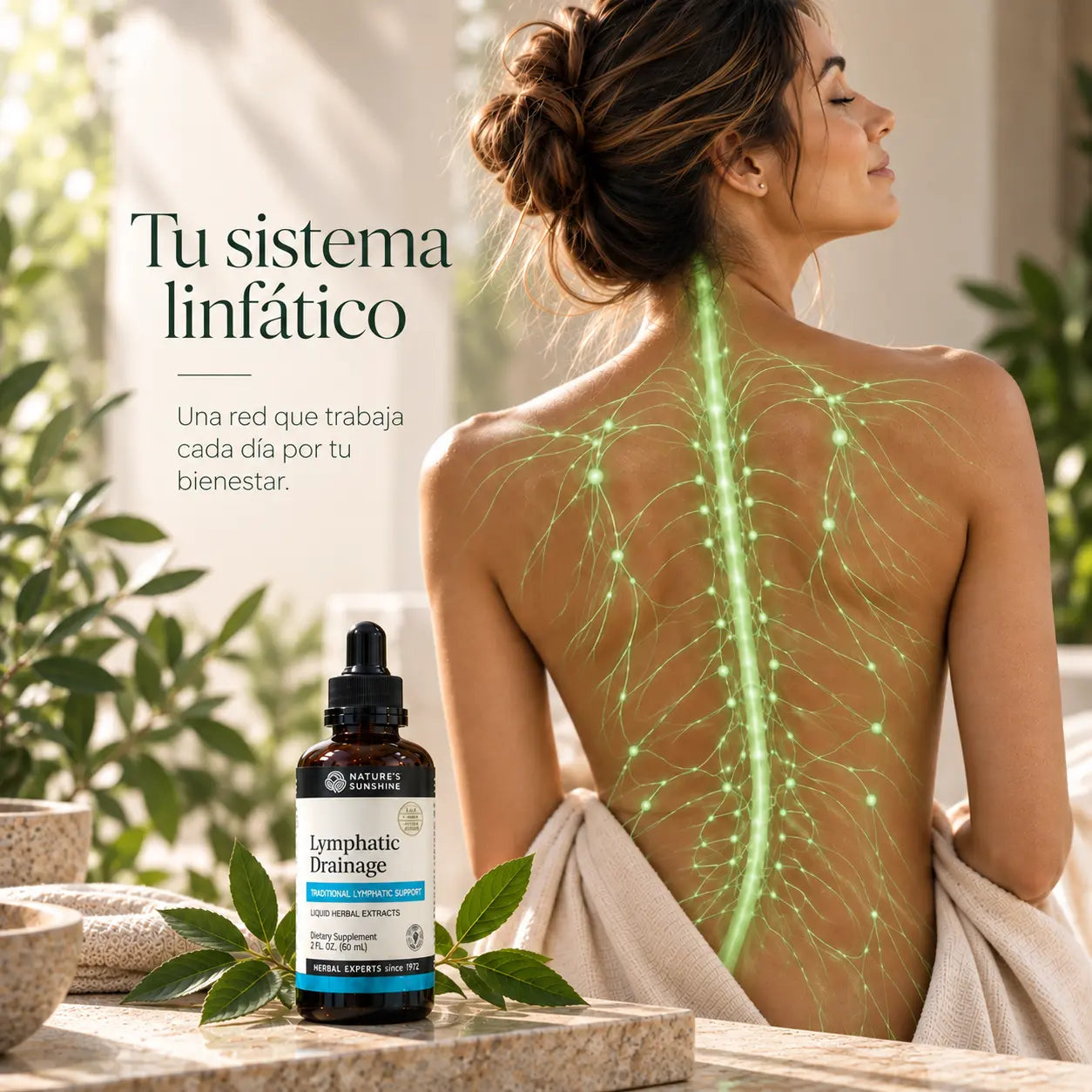Ilustración de la red linfática sobre la espalda de una mujer, con el frasco de Lymphatic Drainage