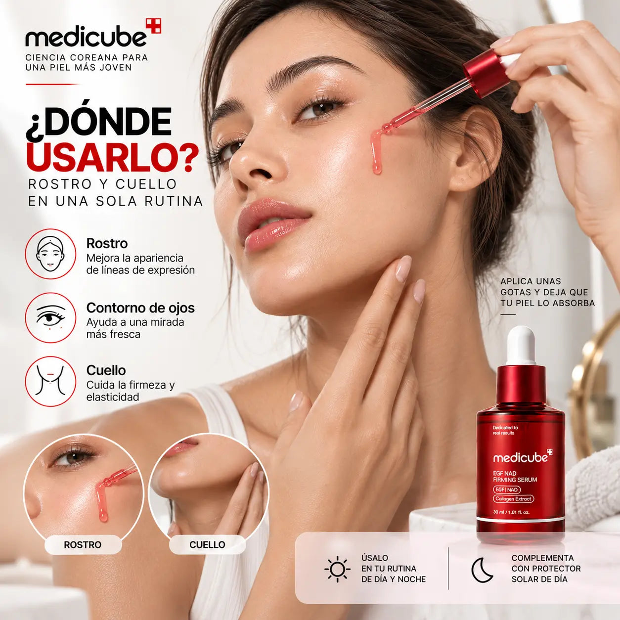 Aplicación del sérum en rostro, contorno de ojos y cuello