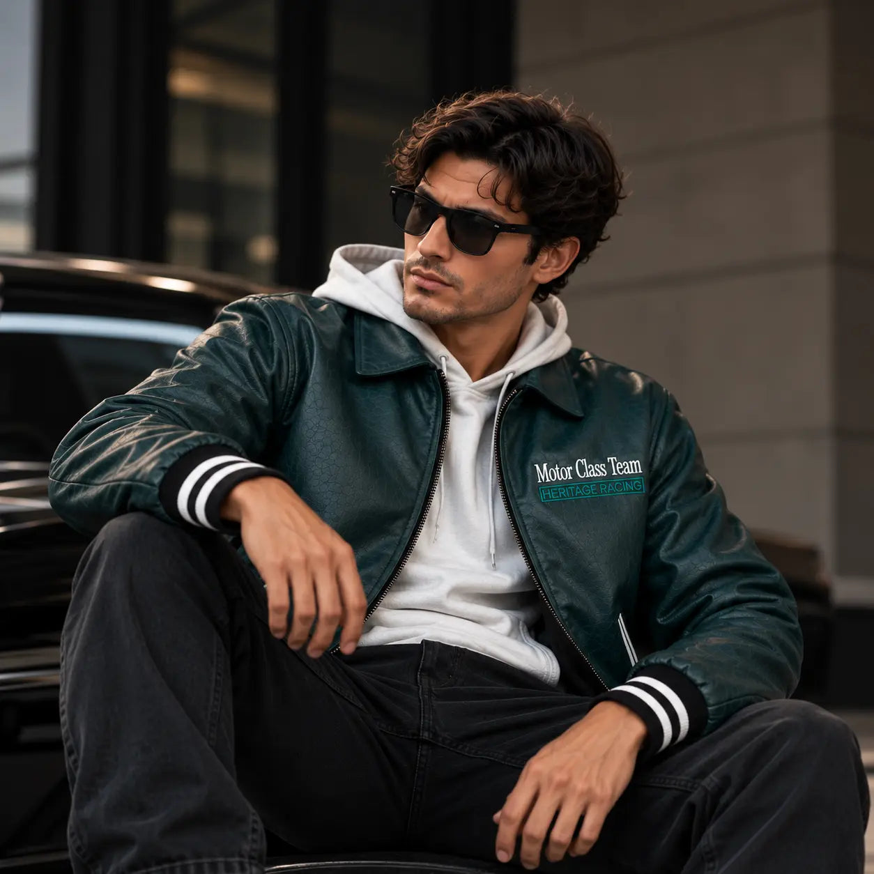 Chaqueta verde militar con hoodie gris y pantalón negro