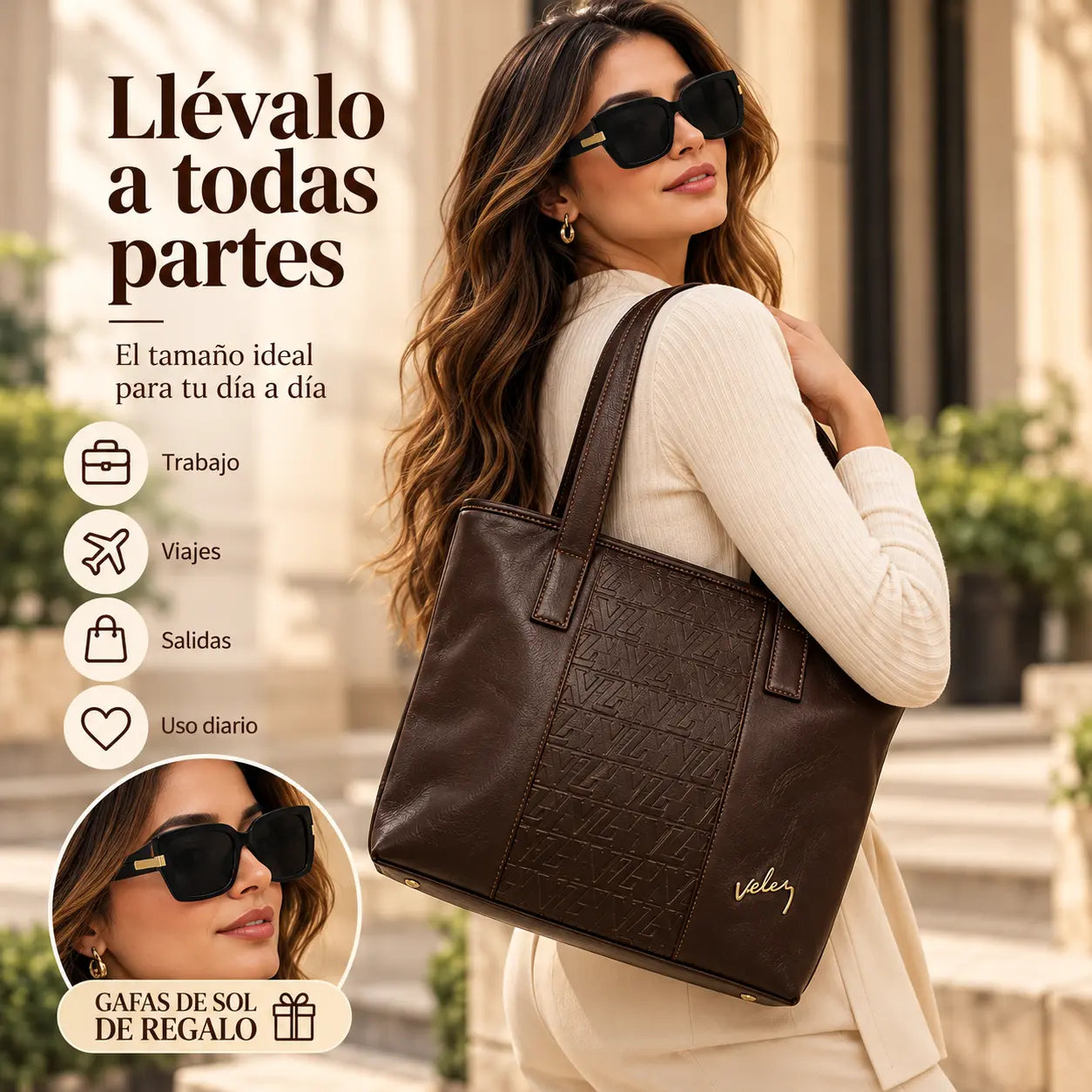 Mujer con el bolso de mano Prestige al hombro