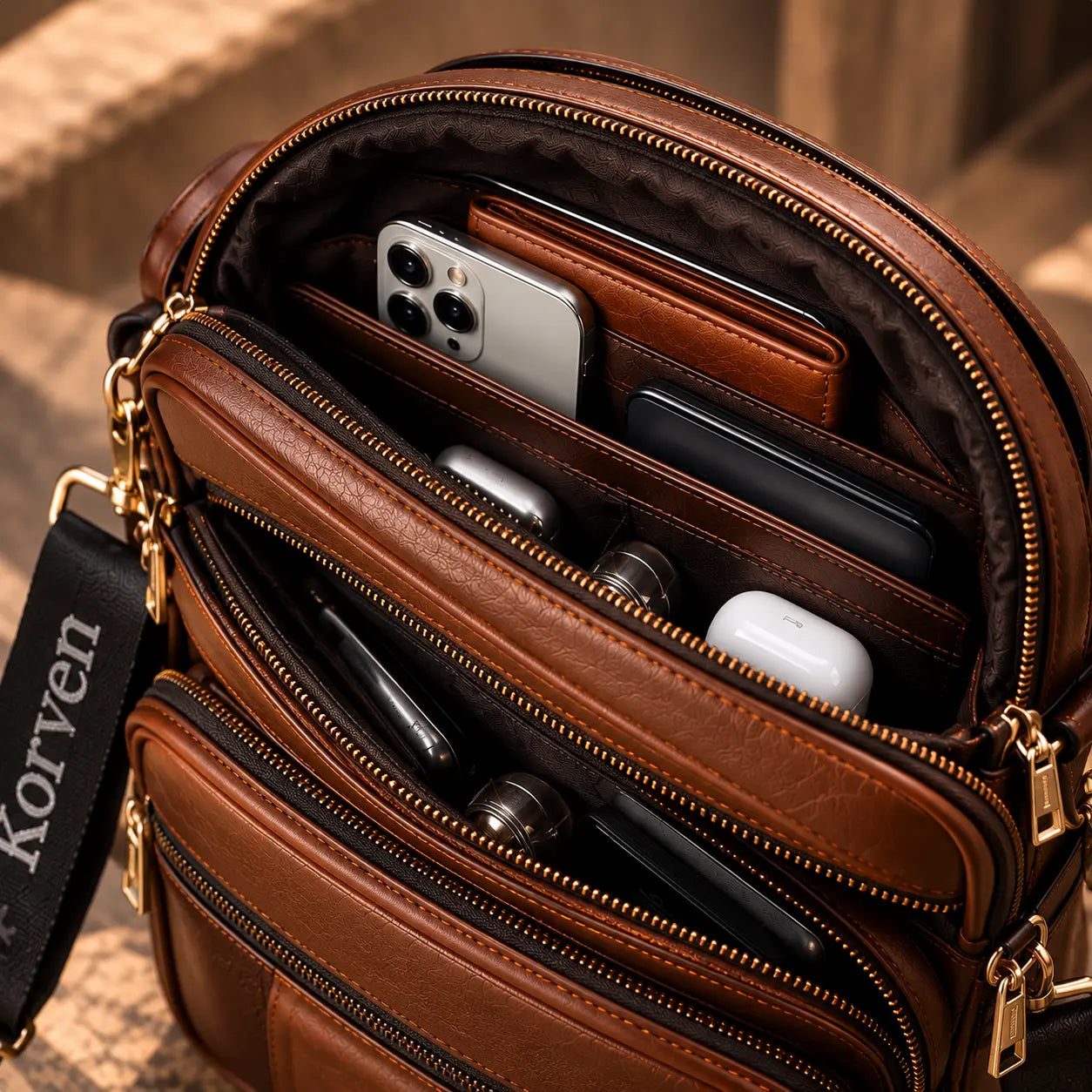 Bolso Vértice abierto con celular, billetera, power bank y audífonos