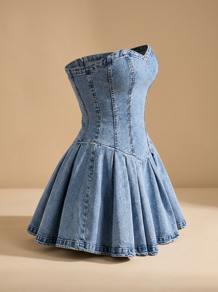 Vestido Zoe sin modelo: costuras del corset en jean rígido