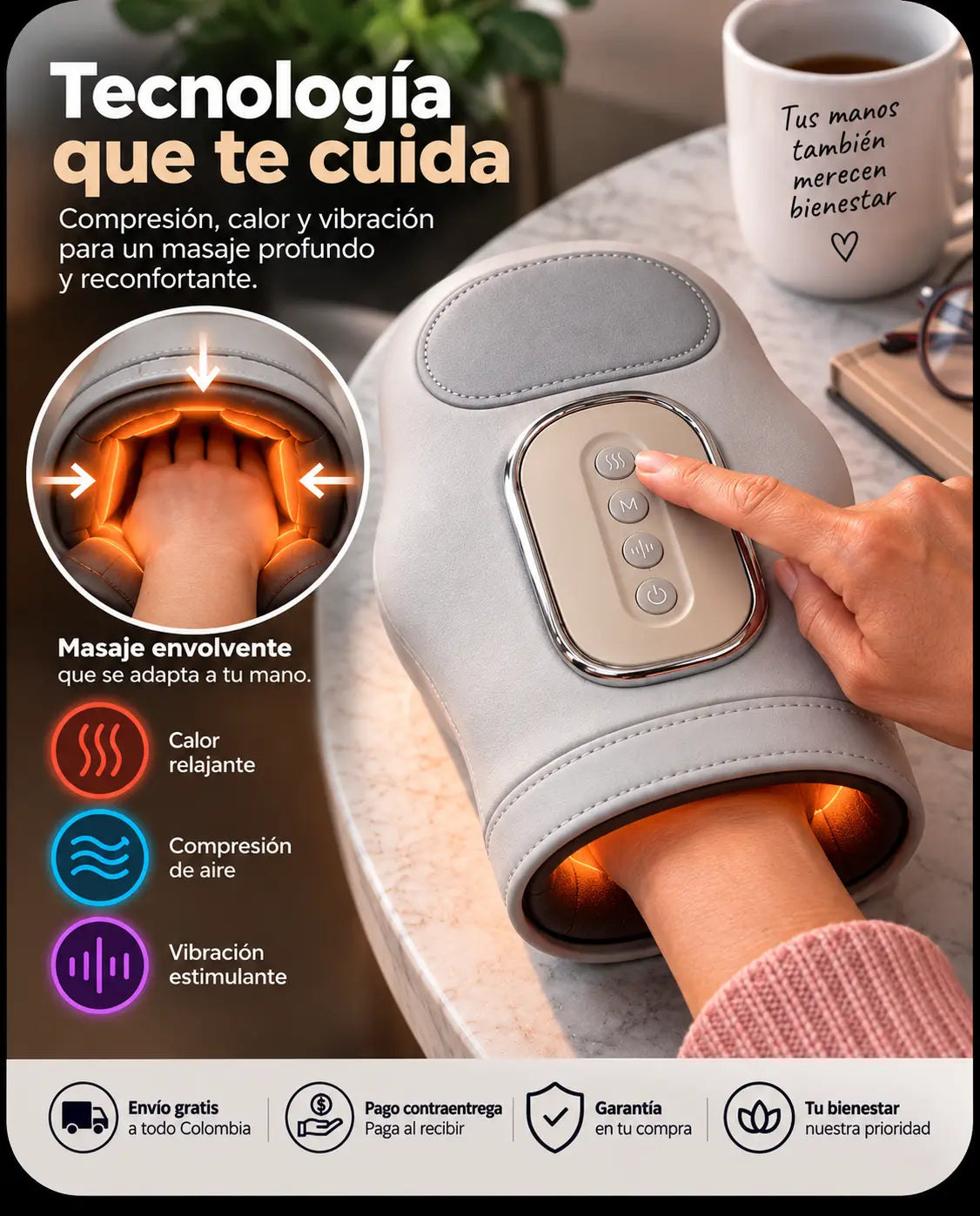 Tecnología: compresión de aire envolvente, calor y vibración desde la muñeca hasta los dedos