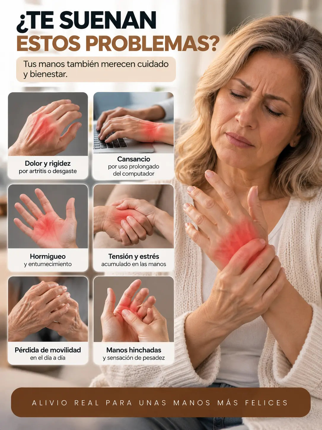 Dolor y rigidez por artritis, cansancio por el computador, hormigueo, tensión, pérdida de movilidad, manos hinchadas