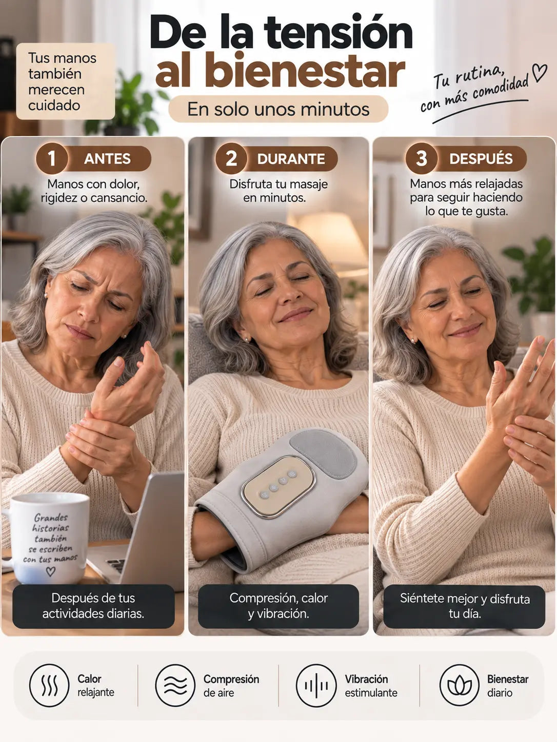 Antes, durante y después de usar el masajeador
