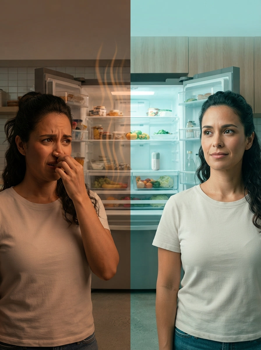 Antes y después: nevera con mal olor vs nevera fresca con IonFresh