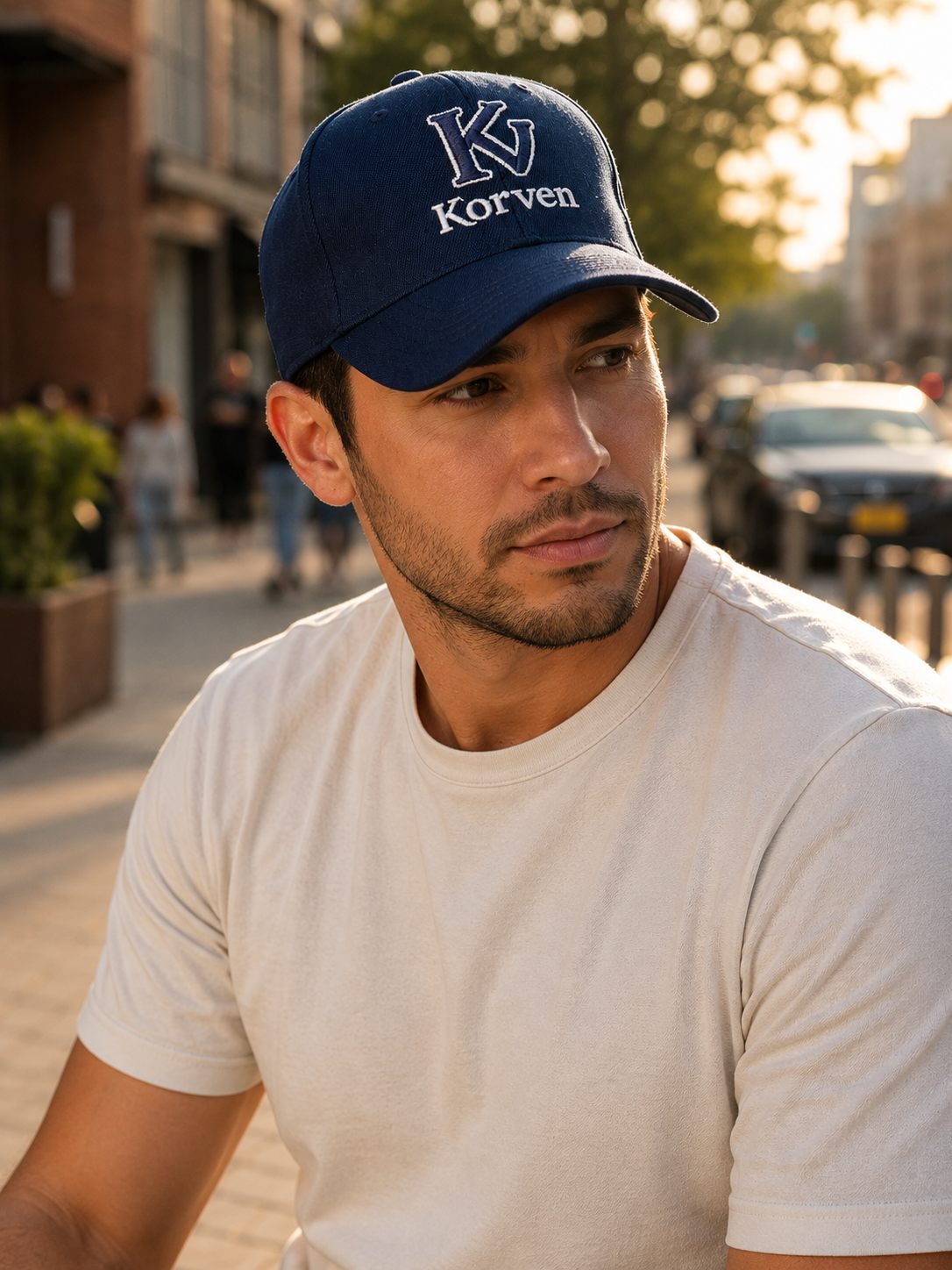 Hombre usando la gorra Korven en la calle