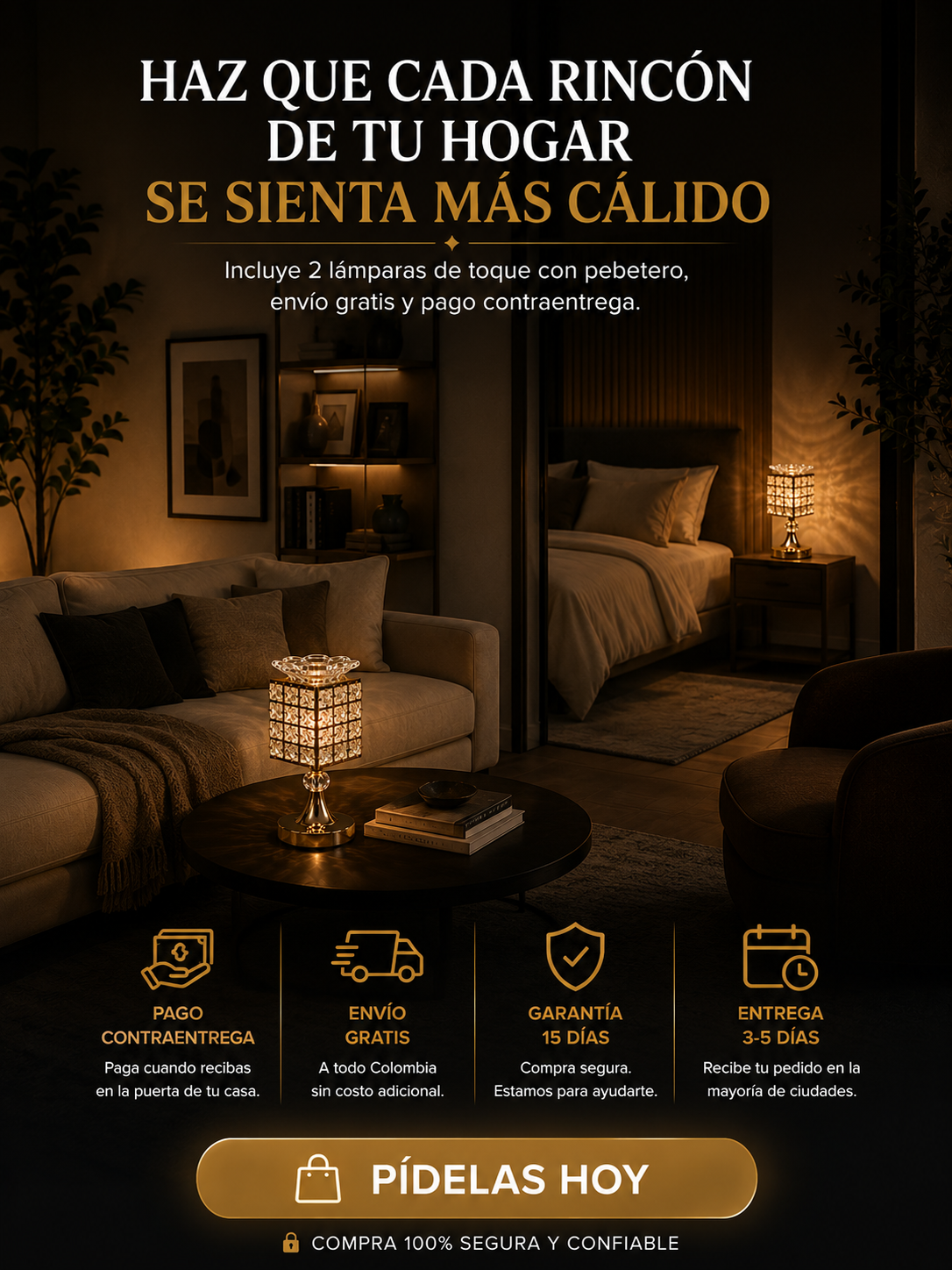LAMPARAS DE MESA CON PEBETERO DORADA X 2