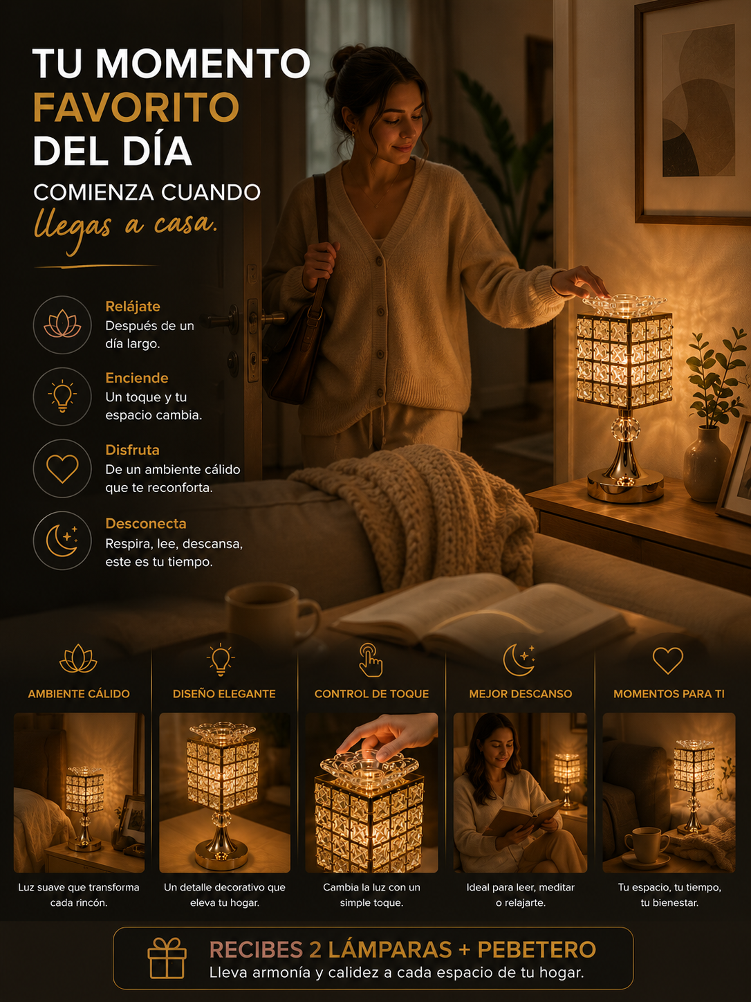 LAMPARAS DE MESA CON PEBETERO DORADA X 2