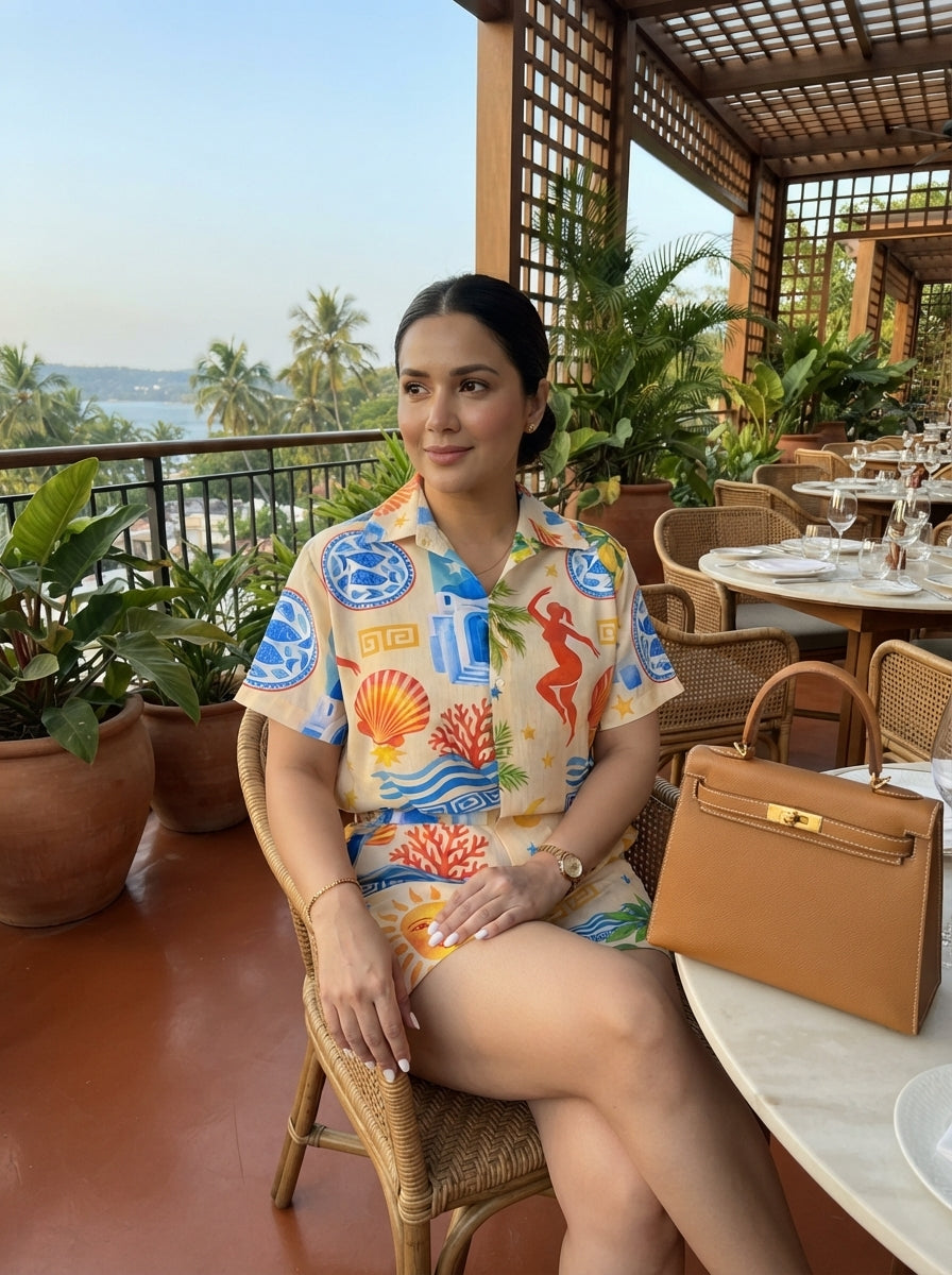 Modelo con el conjunto Sol Egeo en terraza de hotel con vista al mar