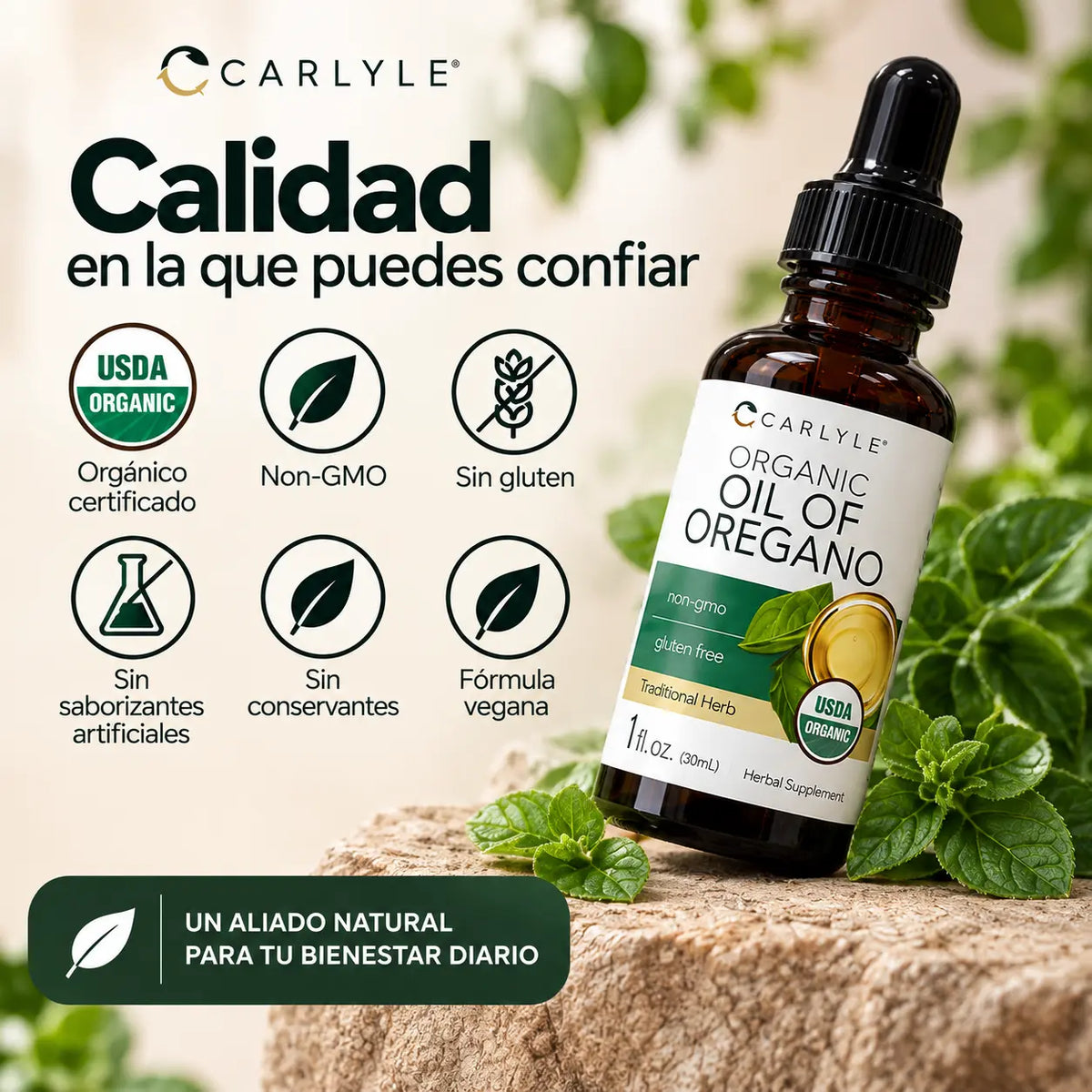 Sellos de calidad: orgánico certificado, Non-GMO, sin gluten, sin saborizantes artificiales, sin conservantes, fórmula vegana