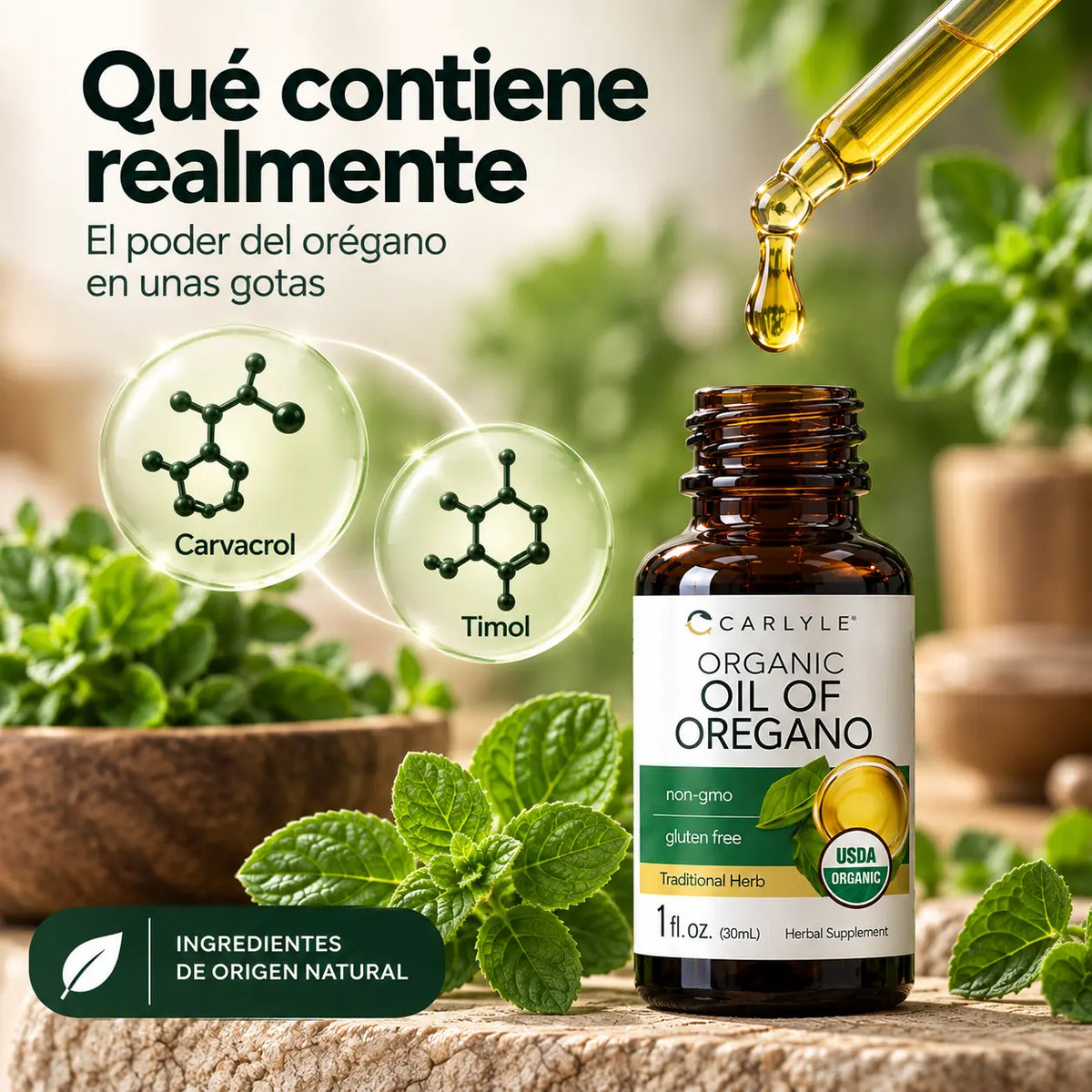 Moléculas de carvacrol y timol sobre un frasco Carlyle