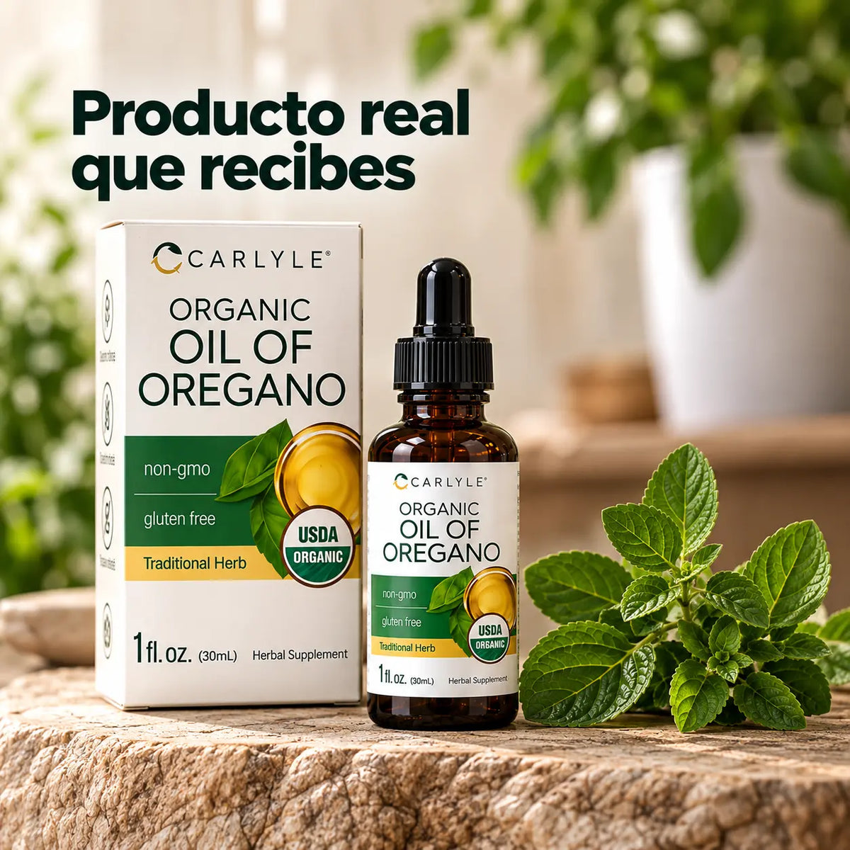 Caja y frasco Carlyle Organic Oil of Oregano junto a hojas de orégano
