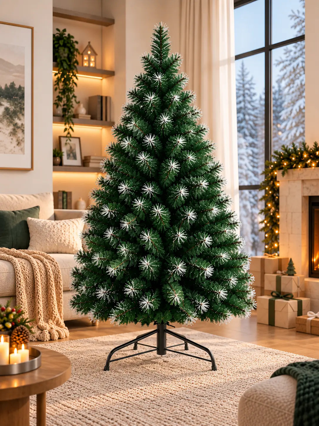 Árbol recién armado, sin decorar, mostrando la densidad de las 900 puntas