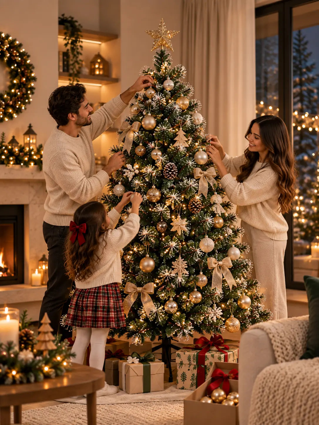 Familia decorando el árbol juntos