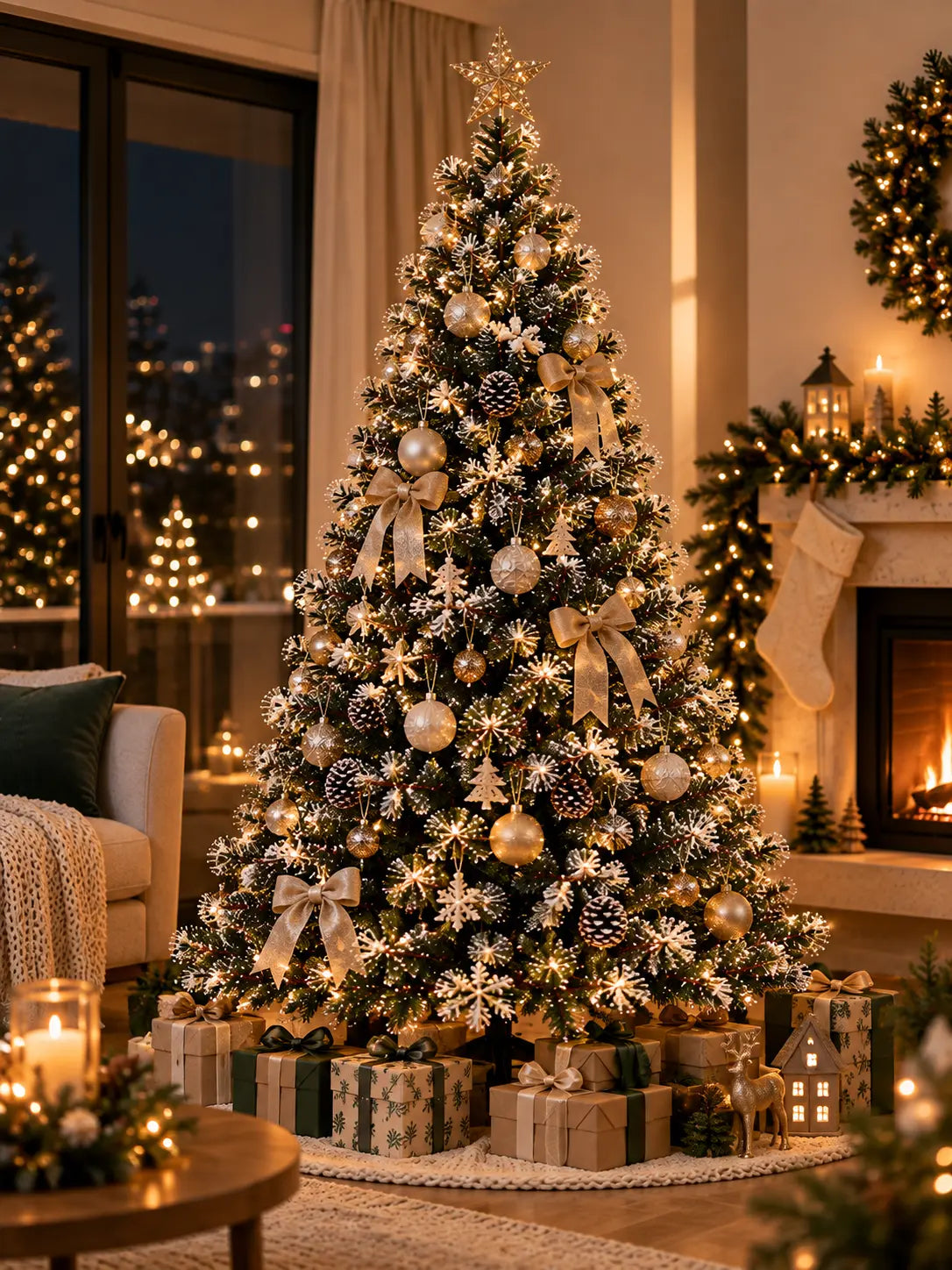 Árbol decorado con luces y esferas doradas