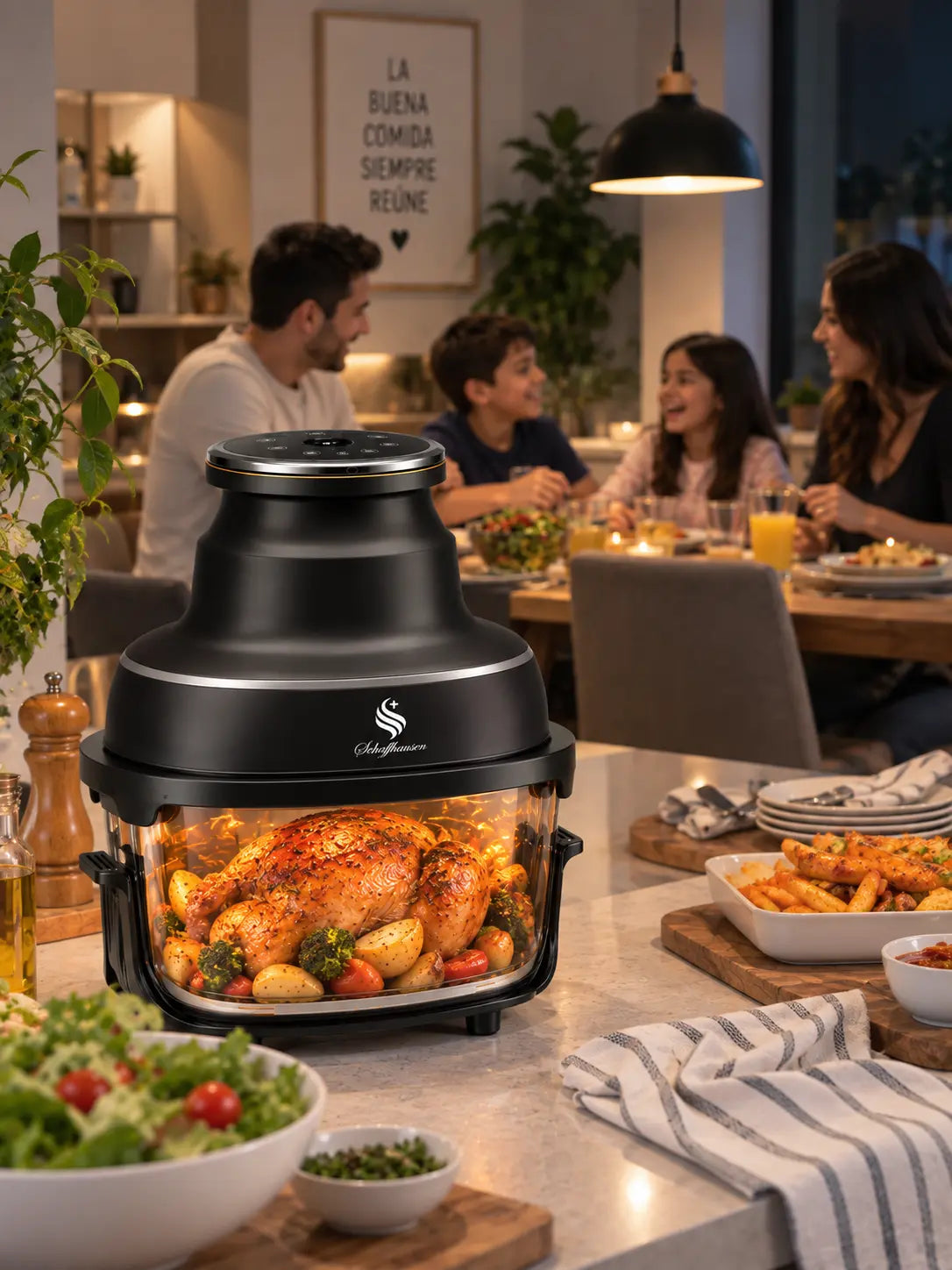 Familia disfrutando una comida preparada en Aircook Glass 4 en 1