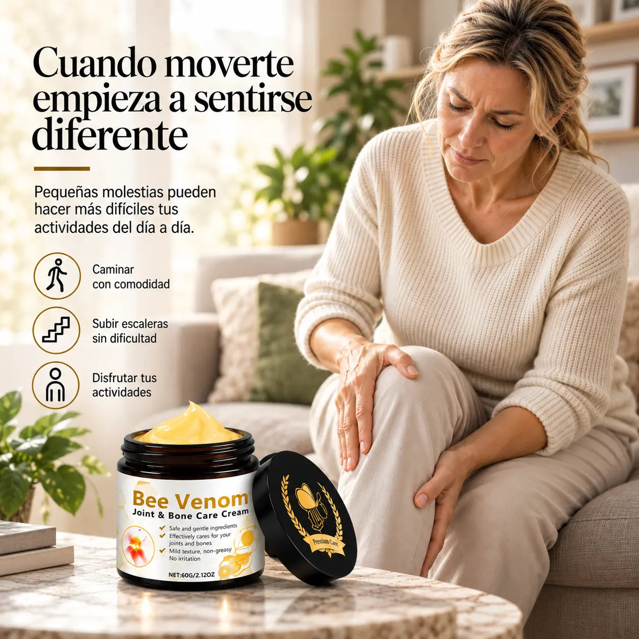 Mujer sentada en casa cuidando su rodilla con la crema Bee Venom