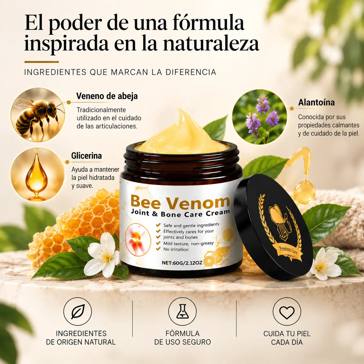 Frasco Bee Venom con panal, flores y los tres ingredientes: veneno de abeja, glicerina y alantoína
