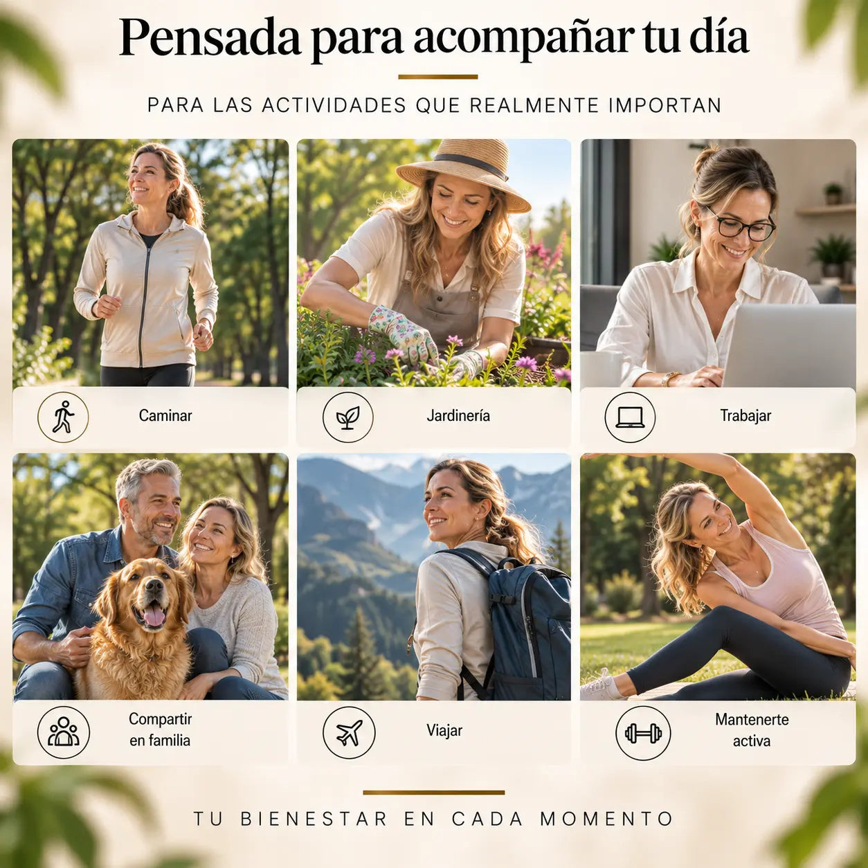 Pensada para acompañar tu día: caminar, jardinería, trabajar, compartir en familia, viajar y mantenerte activa