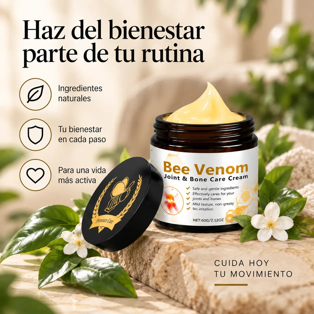 Frasco de Bee Venom sobre piedra con hojas y flores