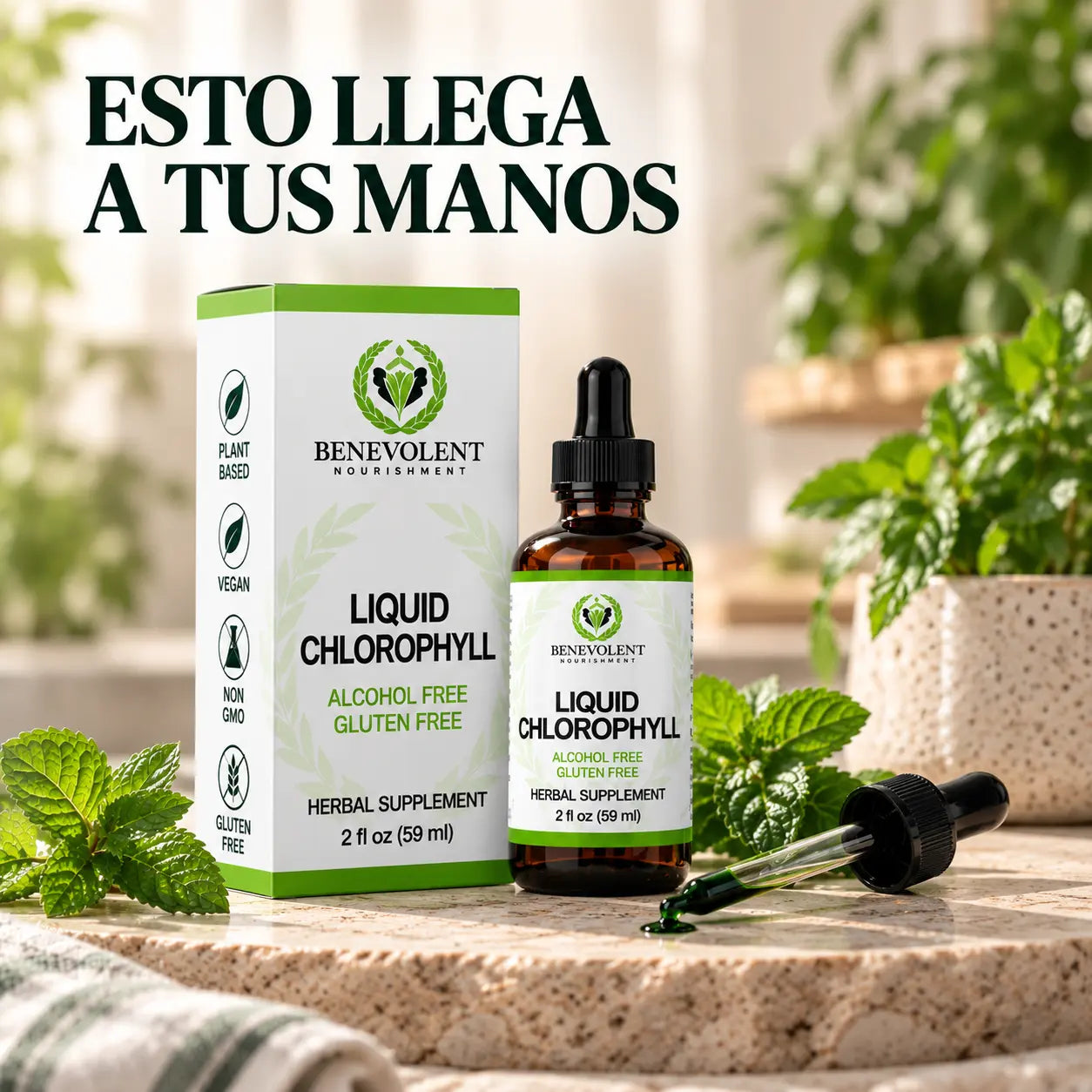 Caja y frasco de Liquid Chlorophyll con el gotero al frente