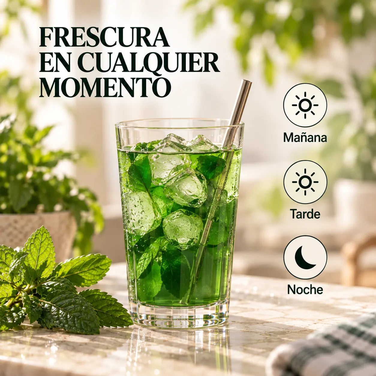 Vaso helado con hielo y hojas de menta, con íconos de mañana, tarde y noche