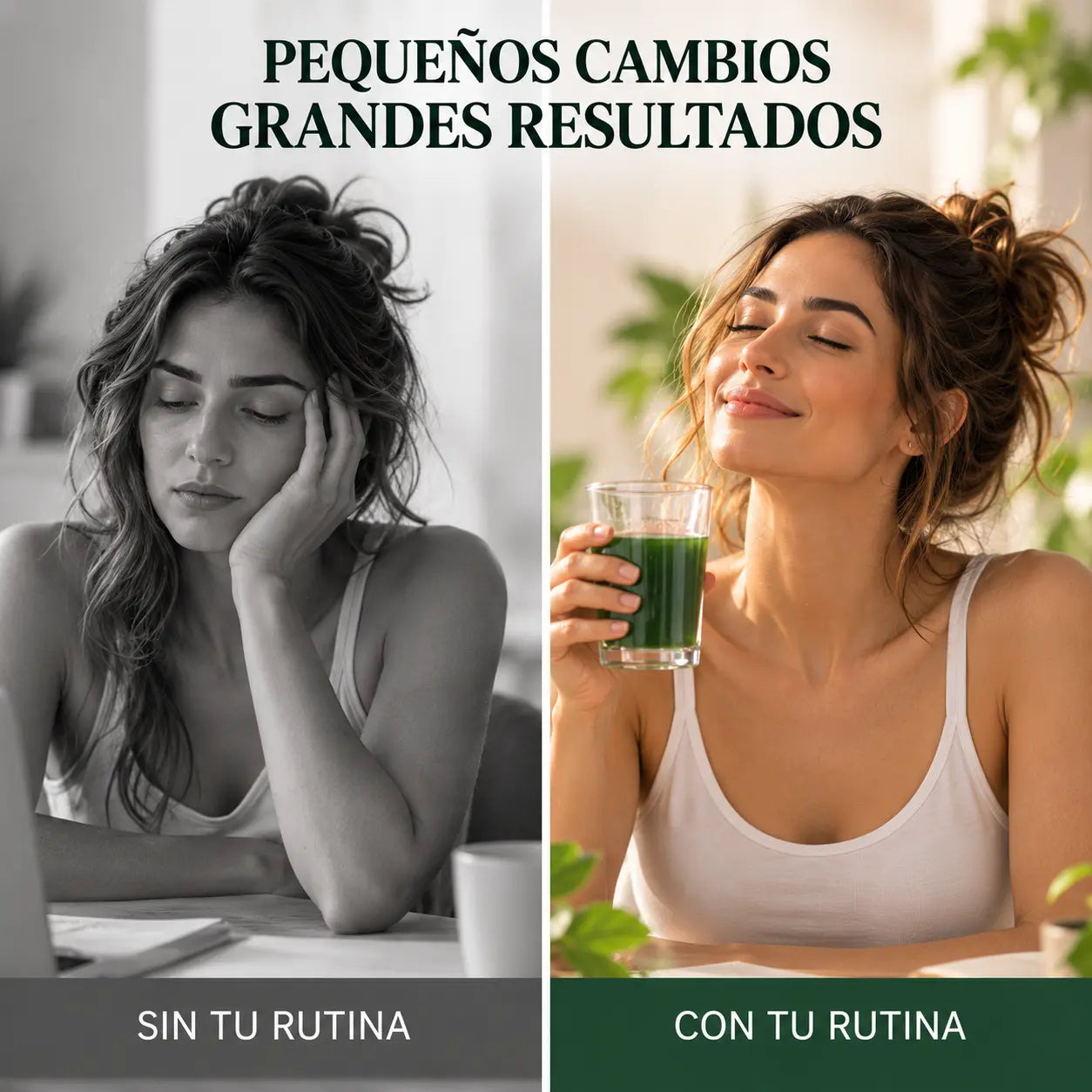 Comparación de estilo de vida: una mujer cansada frente al computador y otra sonriendo con su vaso verde