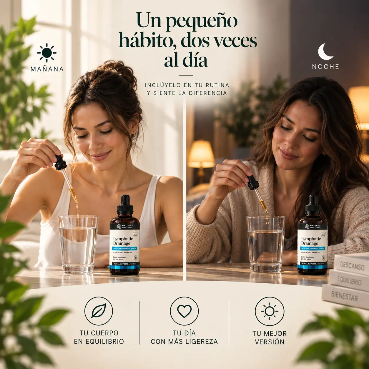 Ritual de mañana y de noche: dos mujeres preparan su vaso con Lymphatic Drainage