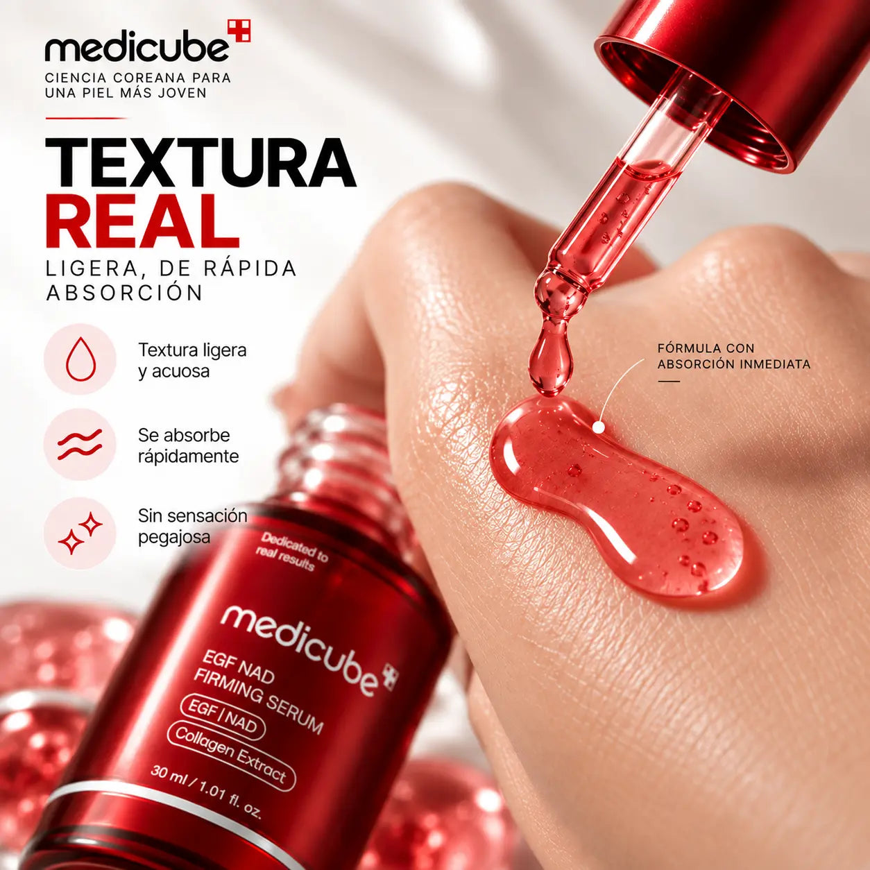 Gota de sérum sobre la piel, textura ligera