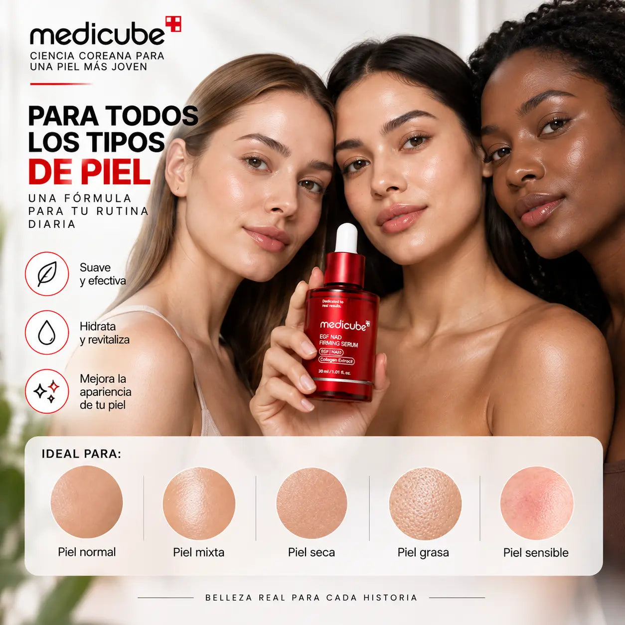 Tres mujeres con distintos tipos de piel sosteniendo el sérum