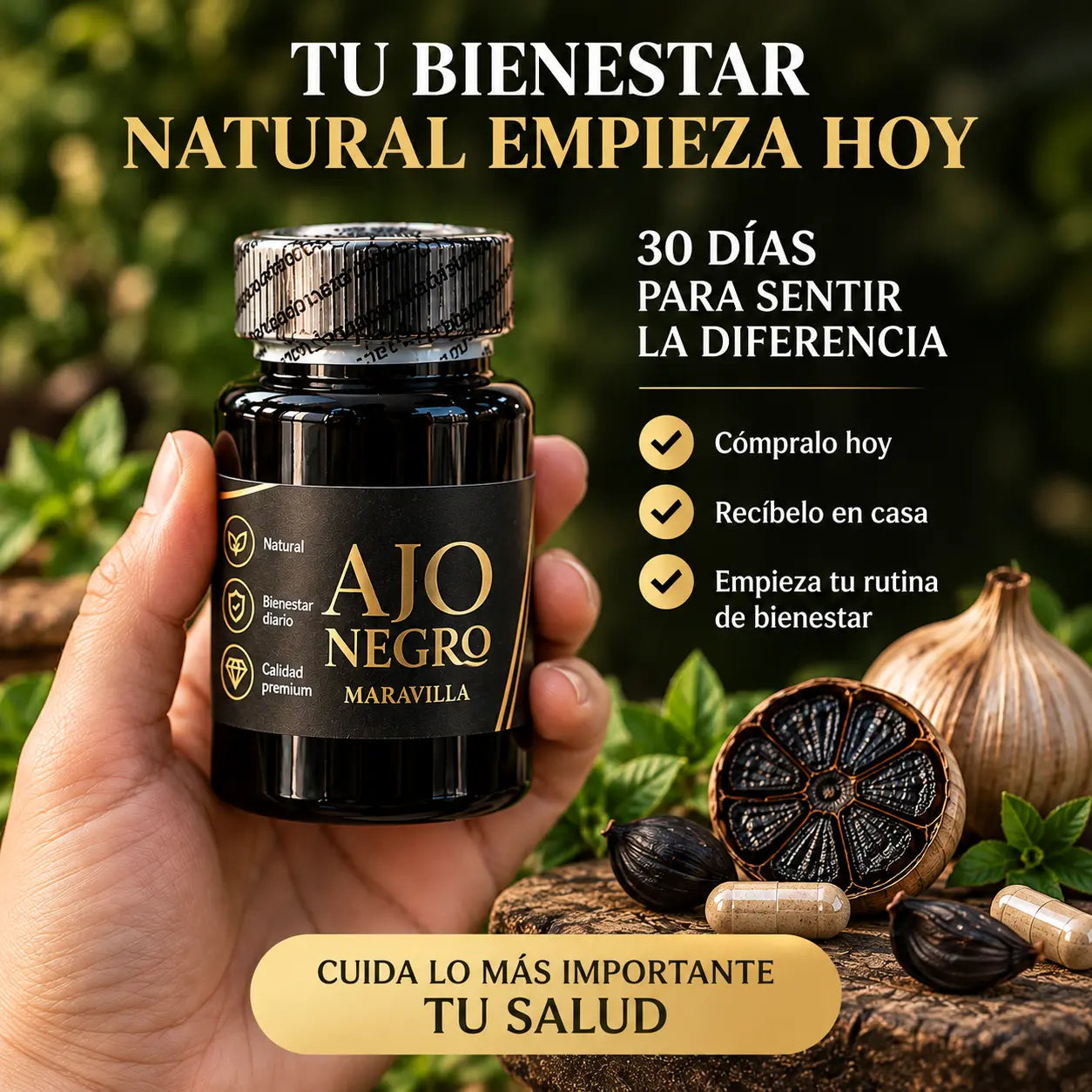 Frasco de Ajo Negro Maravilla en la mano