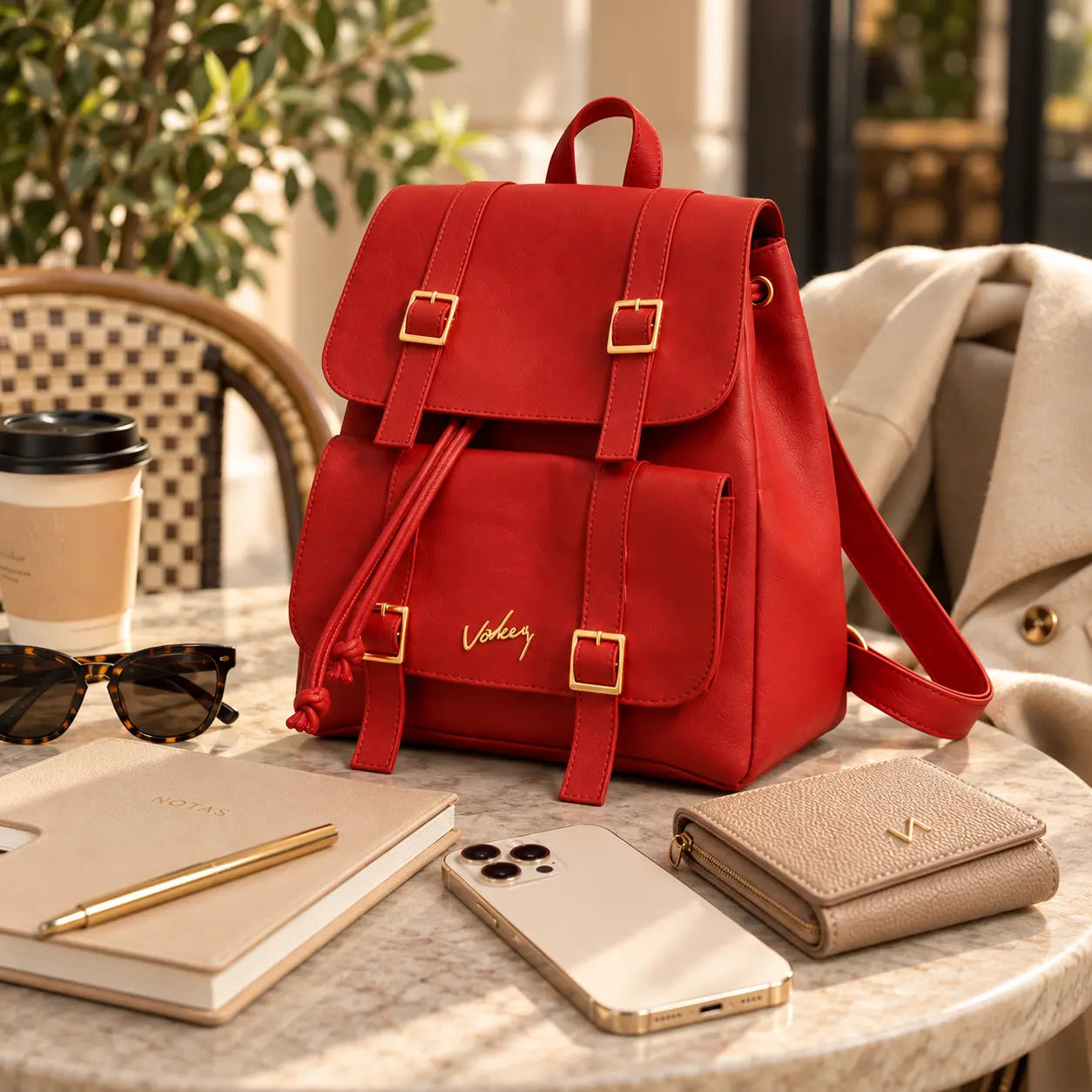 Morral Dalia rojo sobre una mesa de café junto a una libreta, un celular y una billetera