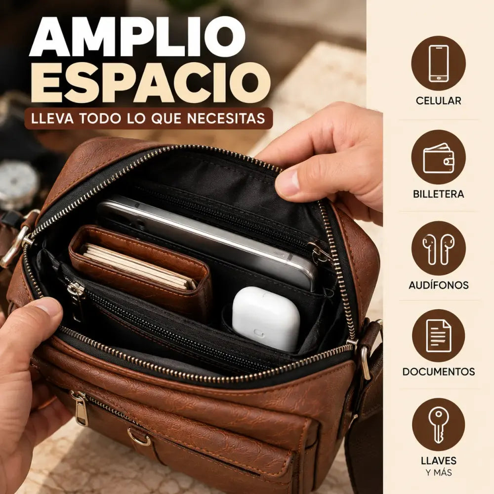 Interior del carriel con celular, billetera y audífonos en su lugar