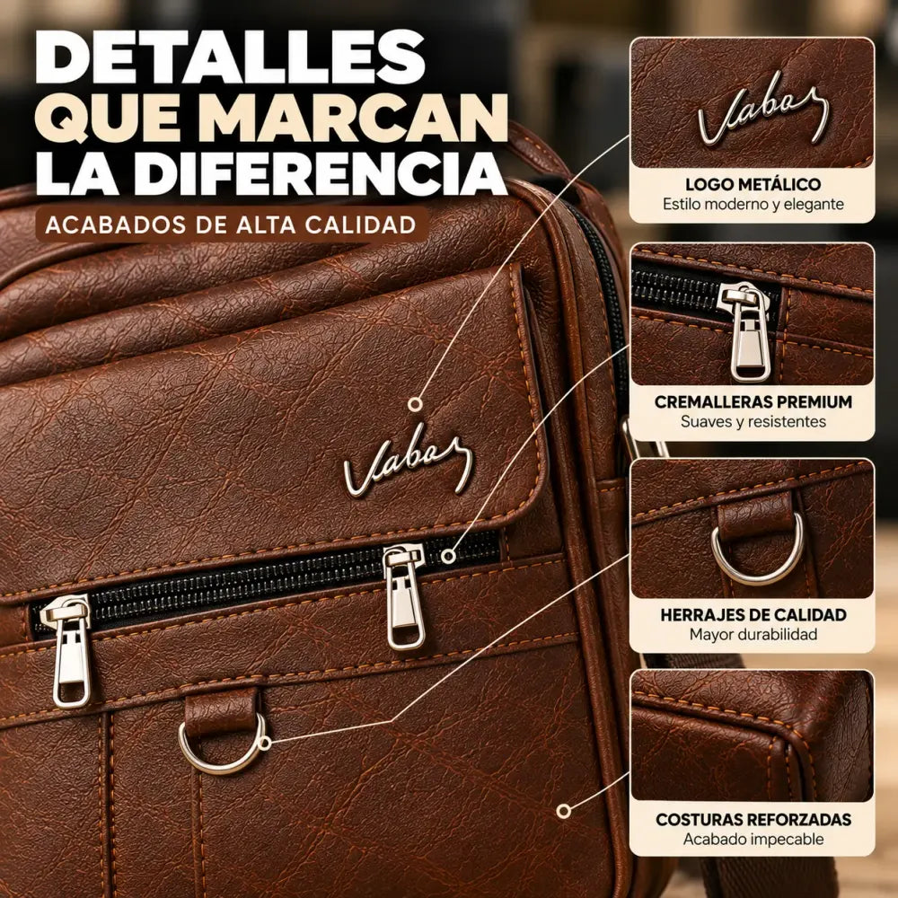 Logo metálico, cremalleras, herrajes y costuras del carriel