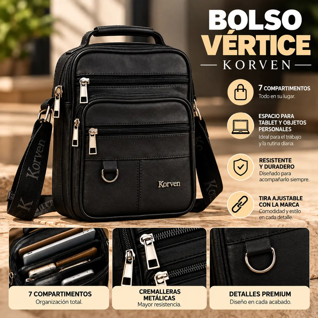 Bolso Vértice con 7 compartimientos, cremalleras metálicas y tira ajustable
