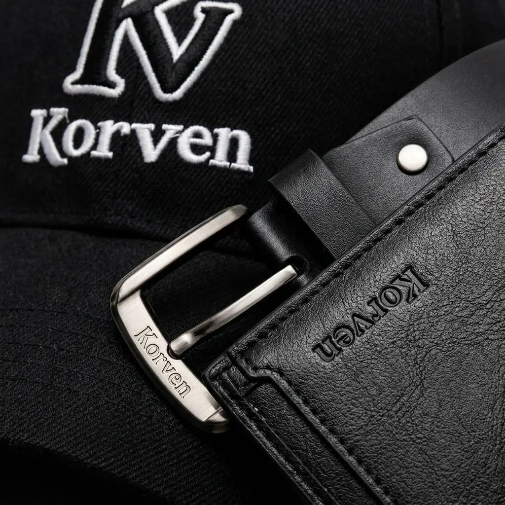 Detalle de la marca Korven: bordado de la gorra, hebilla de la correa y relieve de la billetera