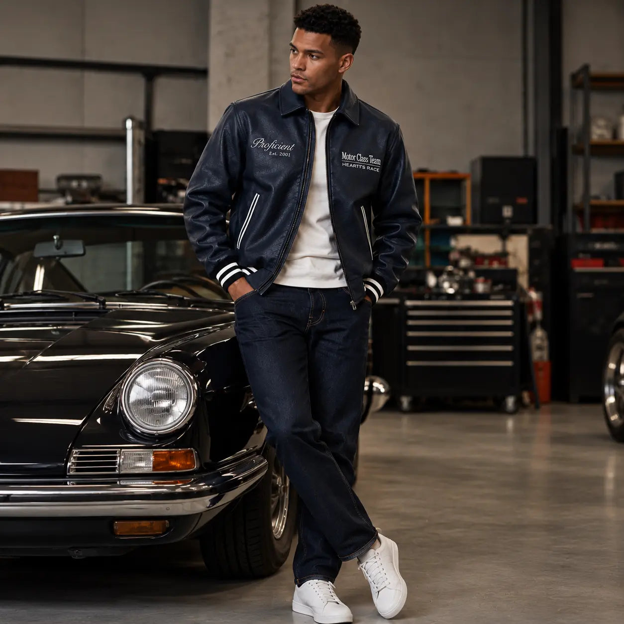 Chaqueta azul oscuro con camiseta blanca y jean oscuro