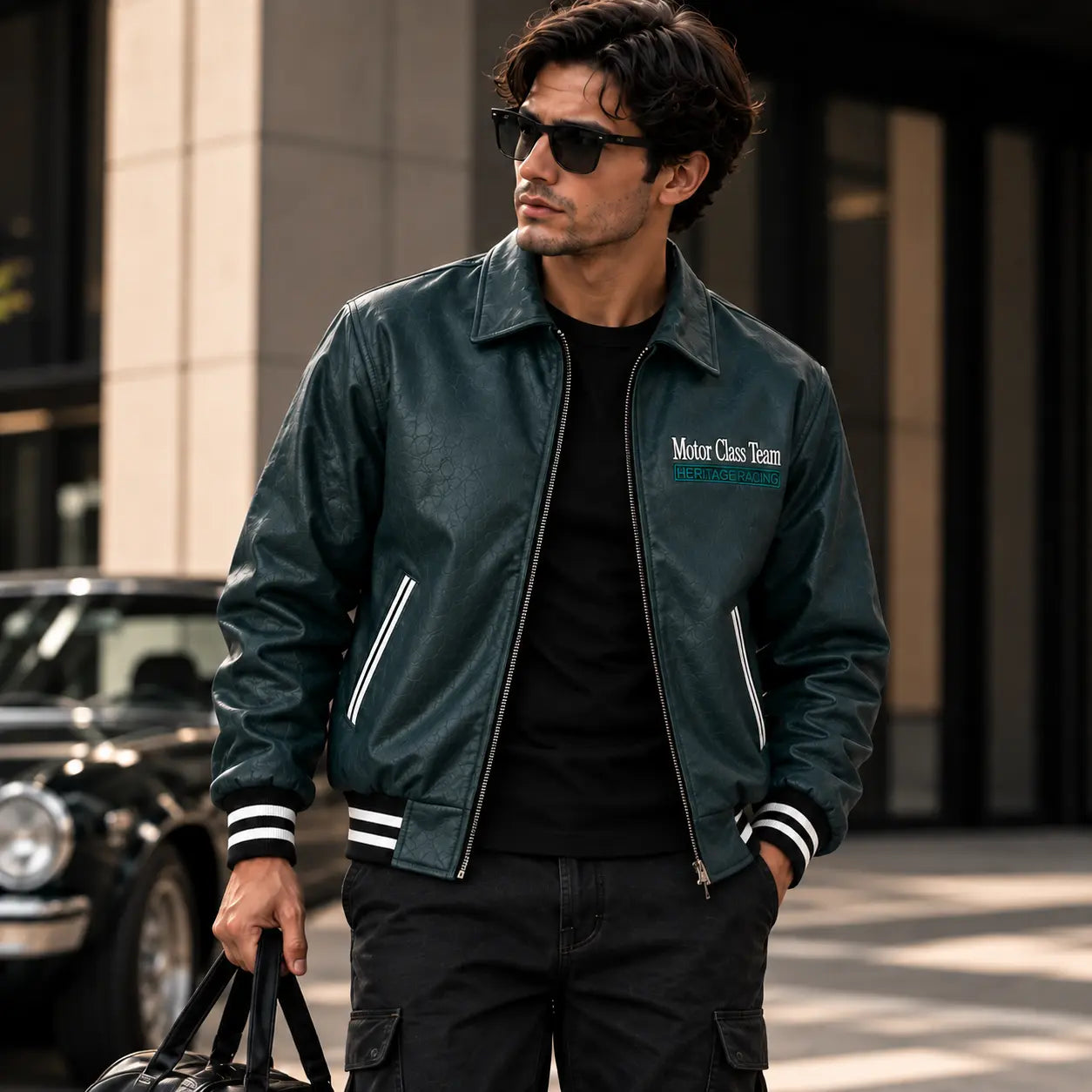 Chaqueta verde militar con camiseta negra y cargo