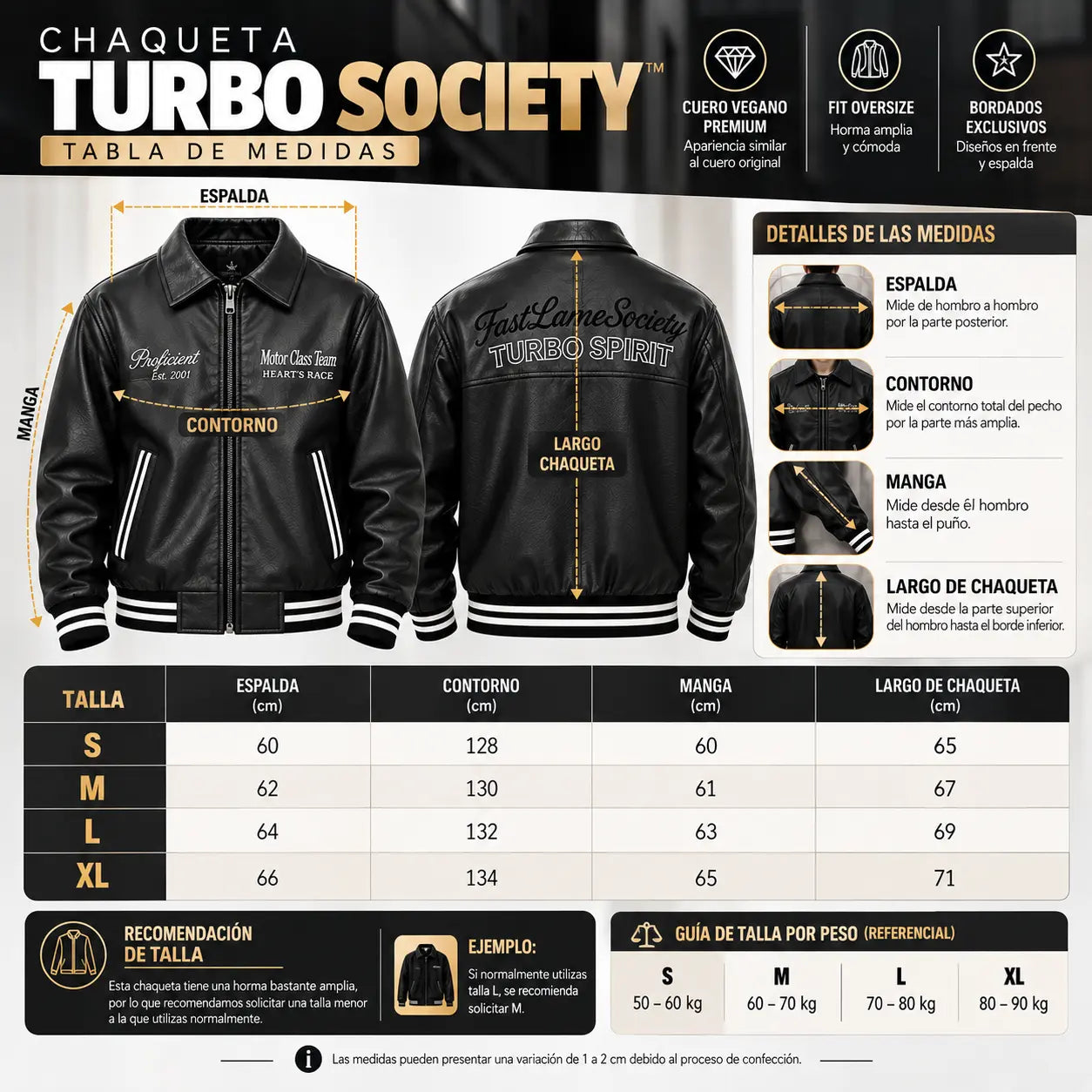 Tabla de medidas de la chaqueta Turbo Society