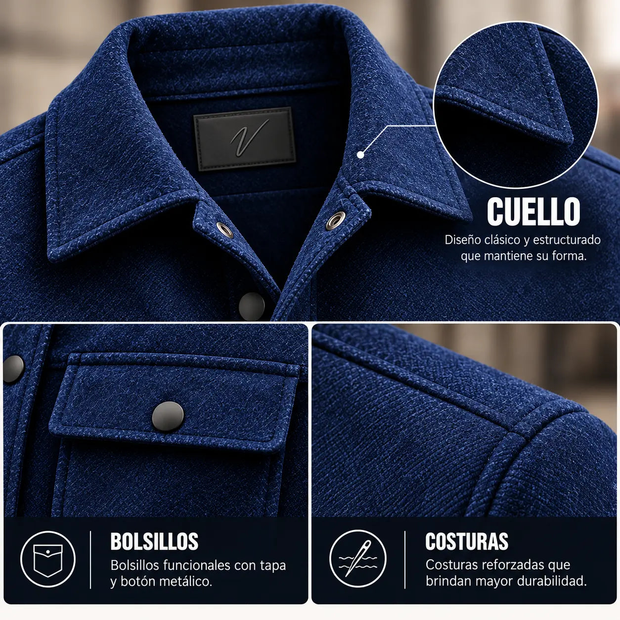 Detalle del cuello, los bolsillos con tapa y botón, y las costuras reforzadas