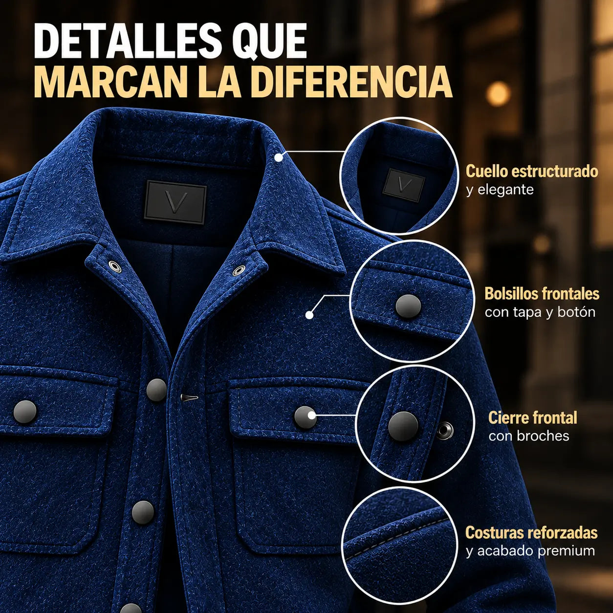 Detalles de cuello, bolsillos, cierre y costuras