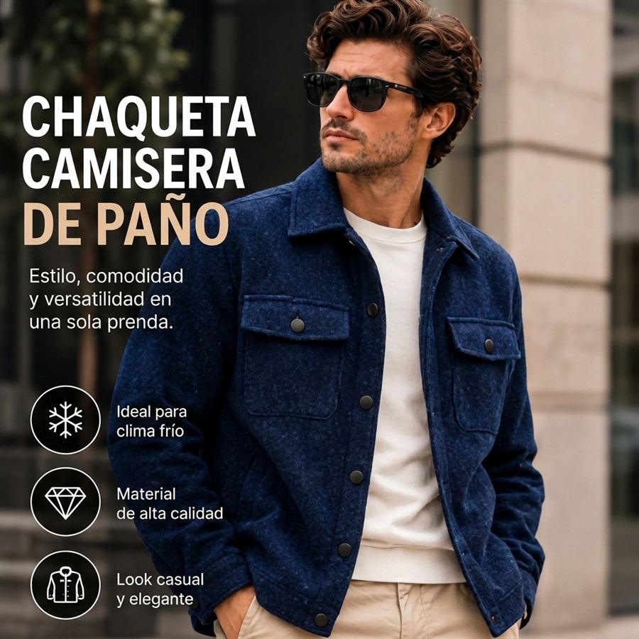 Modelo con la chaqueta camisera azul sobre camiseta blanca