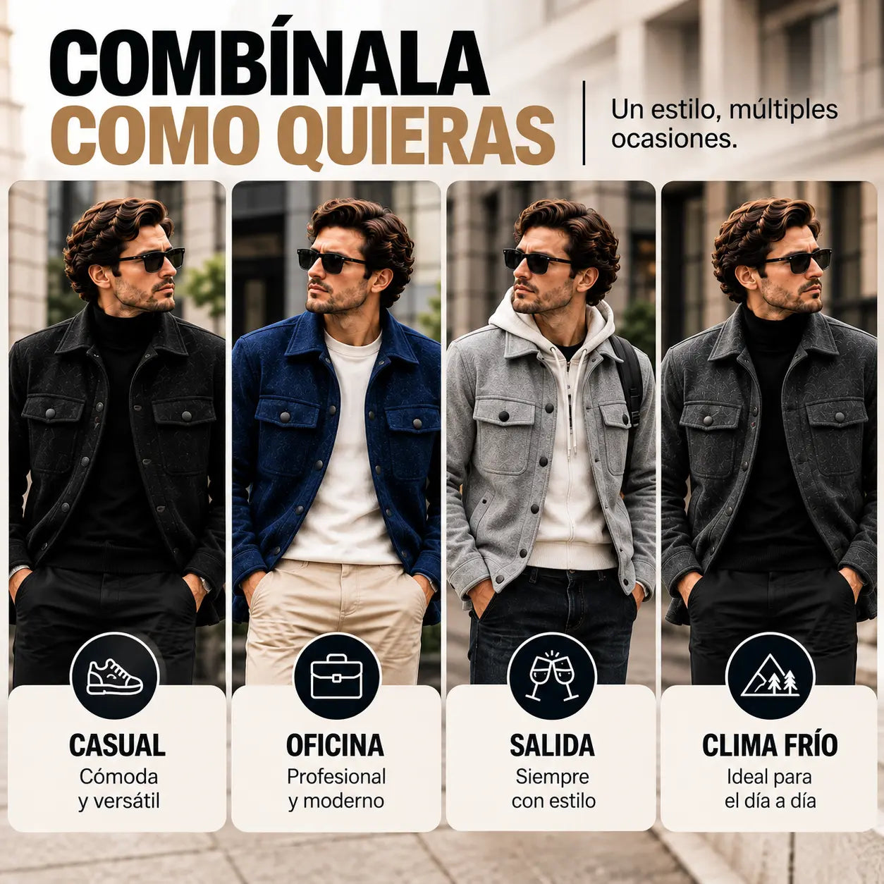 Chaqueta camisera en cuatro colores y cuatro outfits