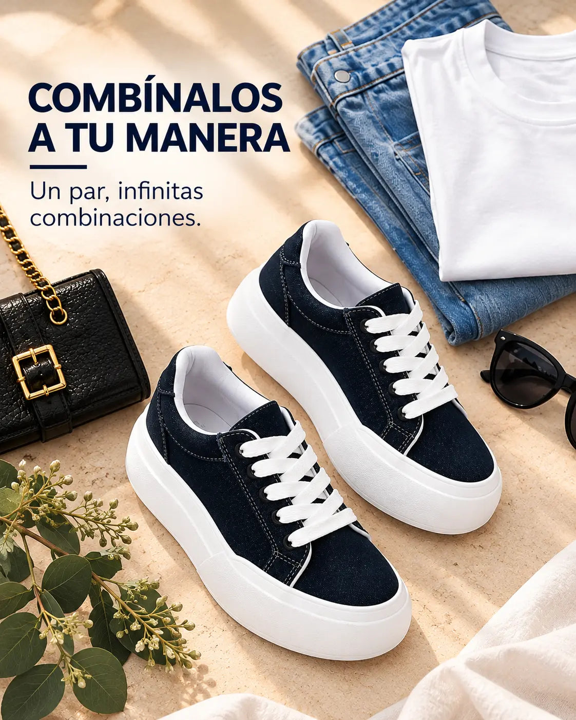 Tenis con jean, camiseta blanca, bolso y lentes