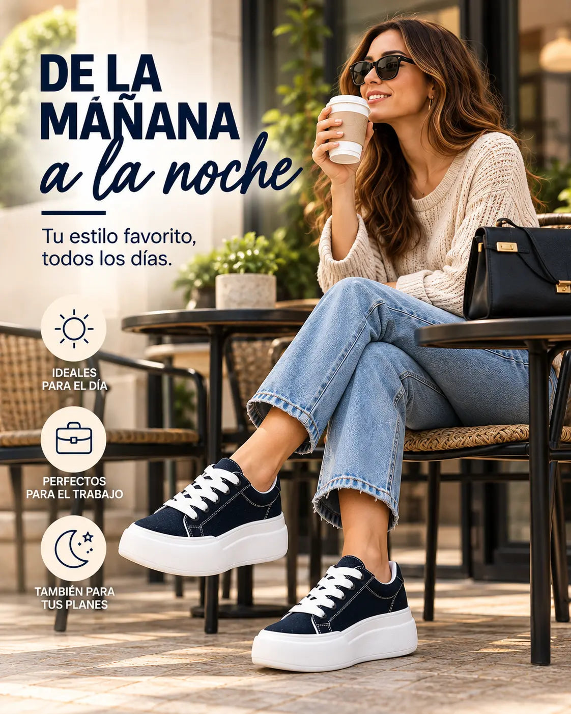 Mujer en un café con jean y suéter crema