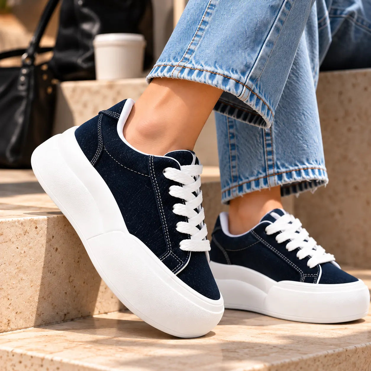 Pies con jean, café y bolso