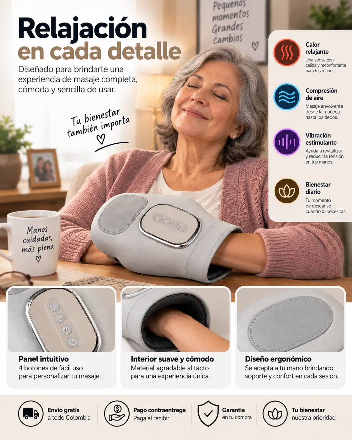 Interior suave, panel de 4 botones y diseño ergonómico